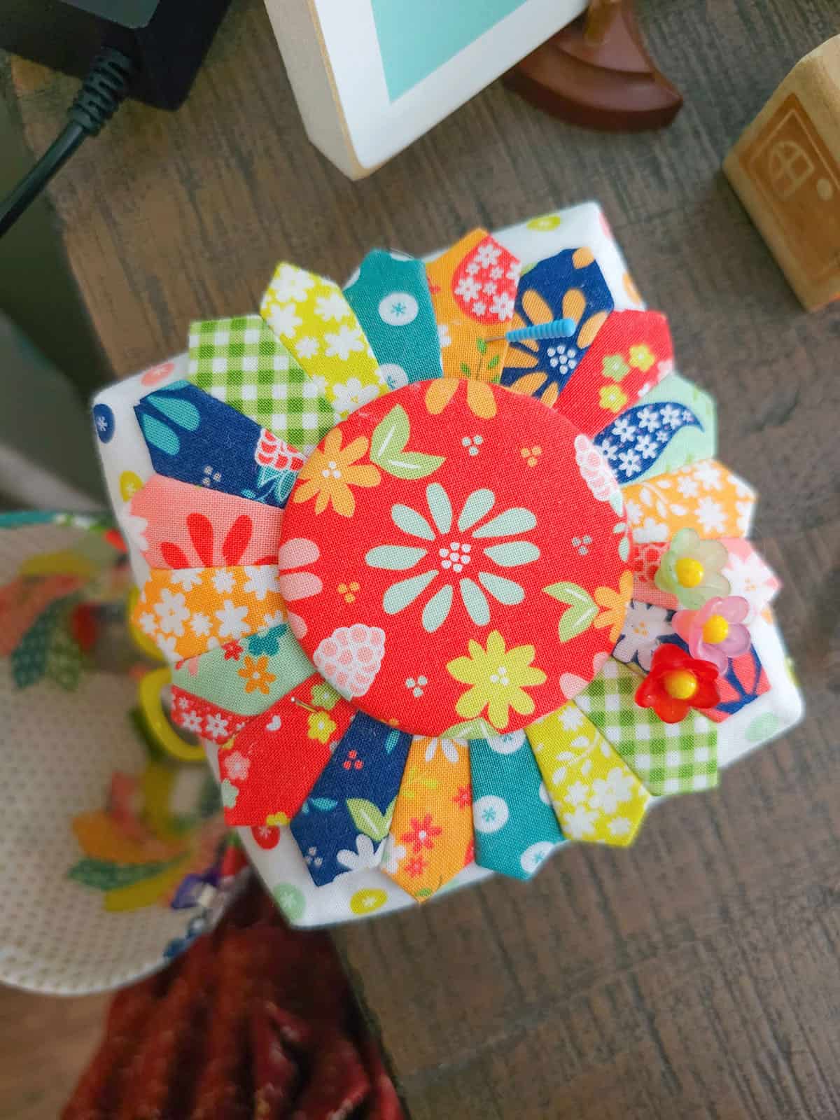 Dresden Quilt Block pieced in Raspberry Summer Fabrics by Sherri & Chelsi for Moda Fabrics
