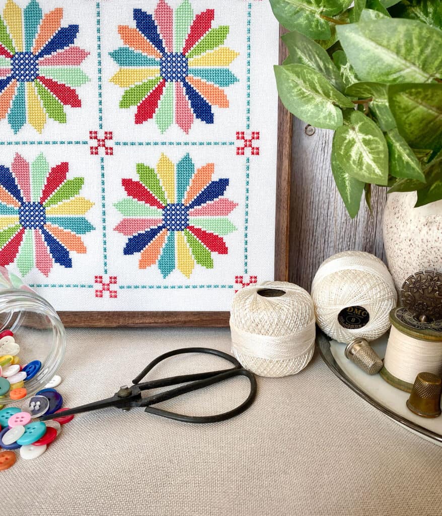 Dresdens cross stitch in Raspberry Summer fabric collection colors