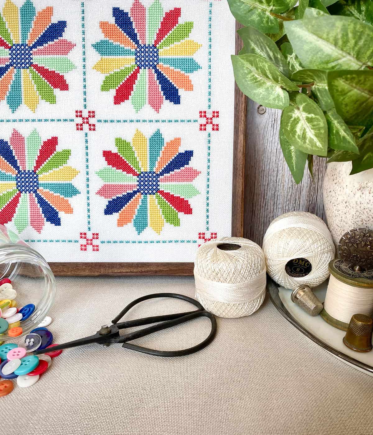 Dresdens cross stitch in Raspberry Summer fabric collection colors