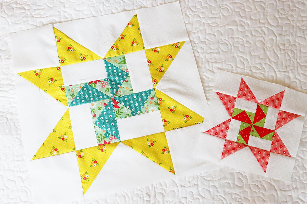 A Quilting Life Block of the Month 2024 December blocks in Strawberry Lemonade fabrics