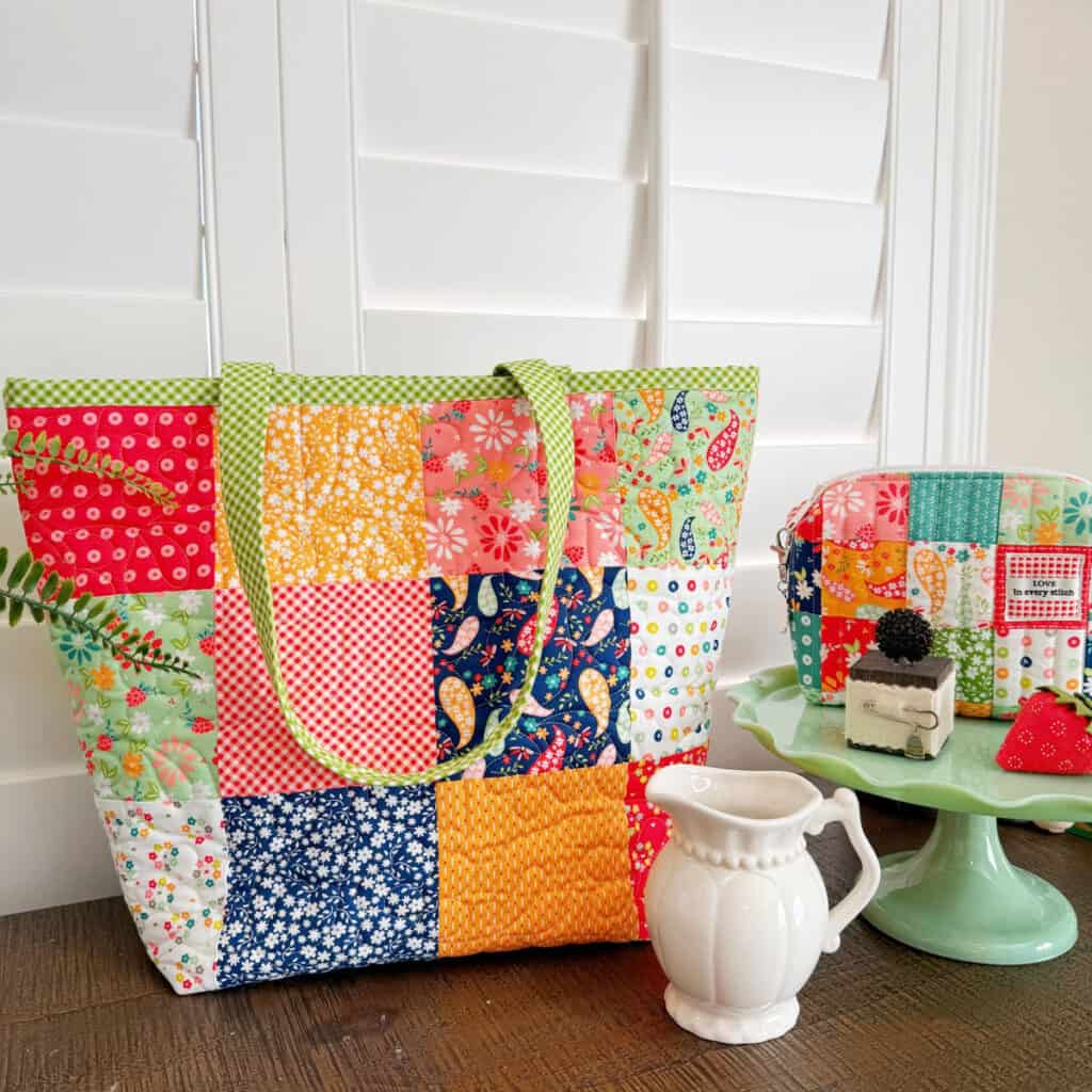 Charm Pack Tote in Raspberry Summer Fabrics by Sherri & Chelsi for Moda Fabrics