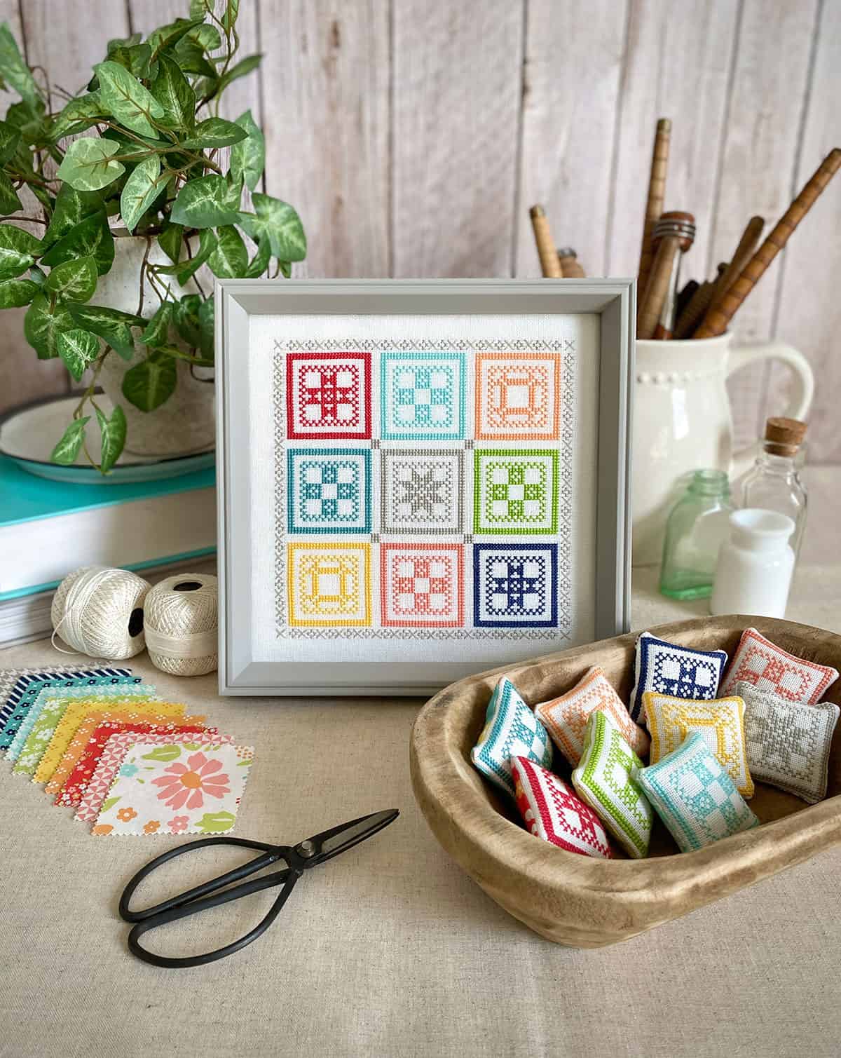 Block Party Quilt Pattern coordinating cross stitch designs