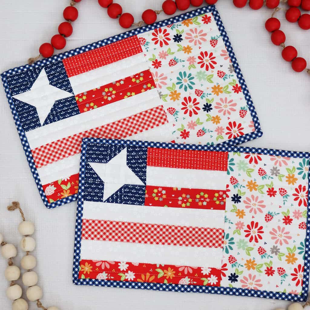 Star and Stripes Mug Rugs in Raspberry Summer Fabrics by Sherri & Chelsi for Moda
