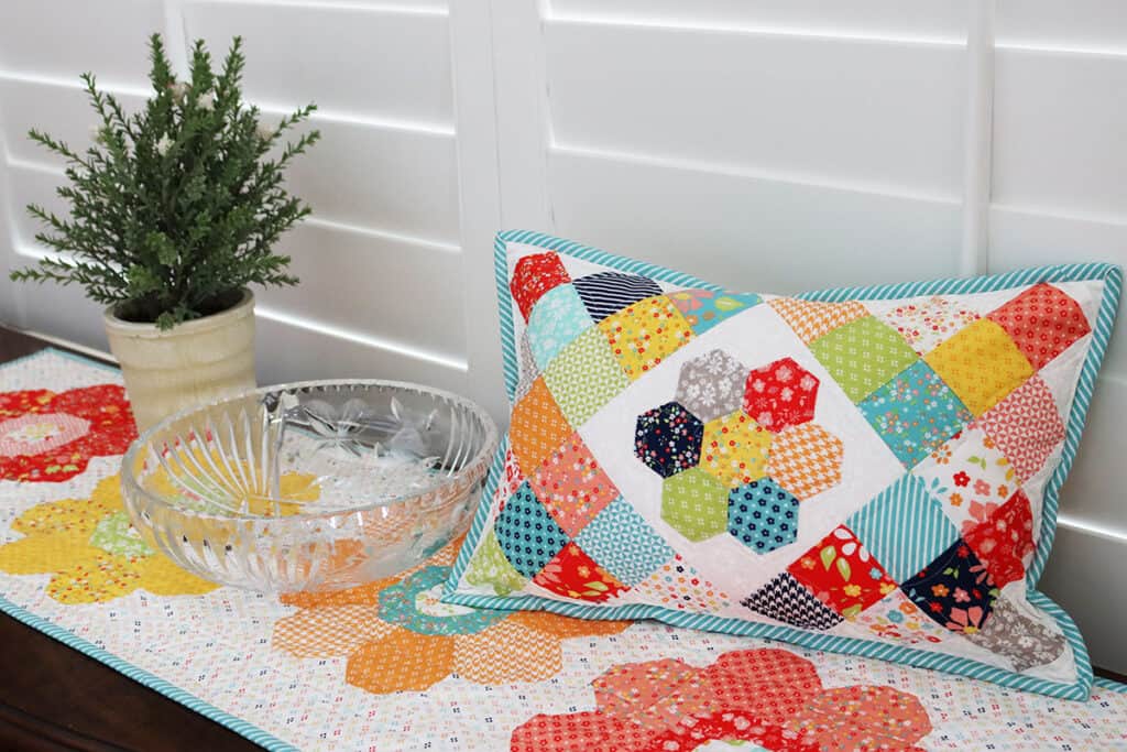 Mini Charm Pillow and Flower Table Runner in Delightfully Yours fabrics by Sherri & Chelsi for Moda fabrics.