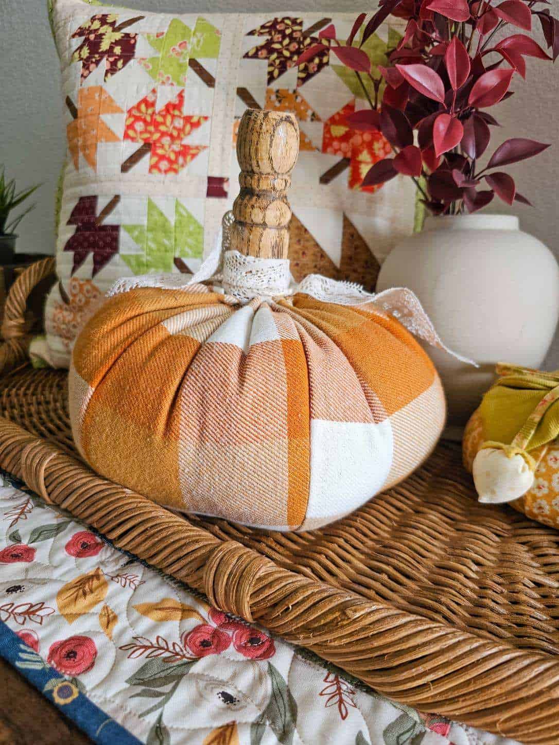 Fabric Pumpkin and maple leaf quilted pillow from Sherri at A Quilting Life