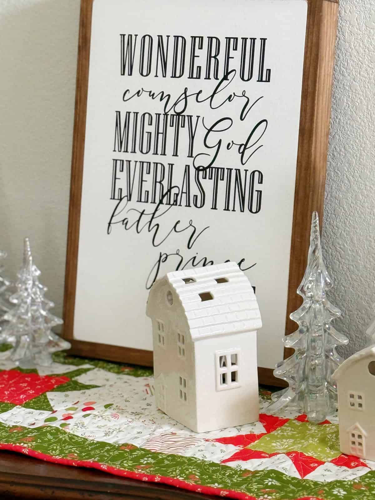 Crystal Trees and white ceramic houses on table runner from A Quilting Life