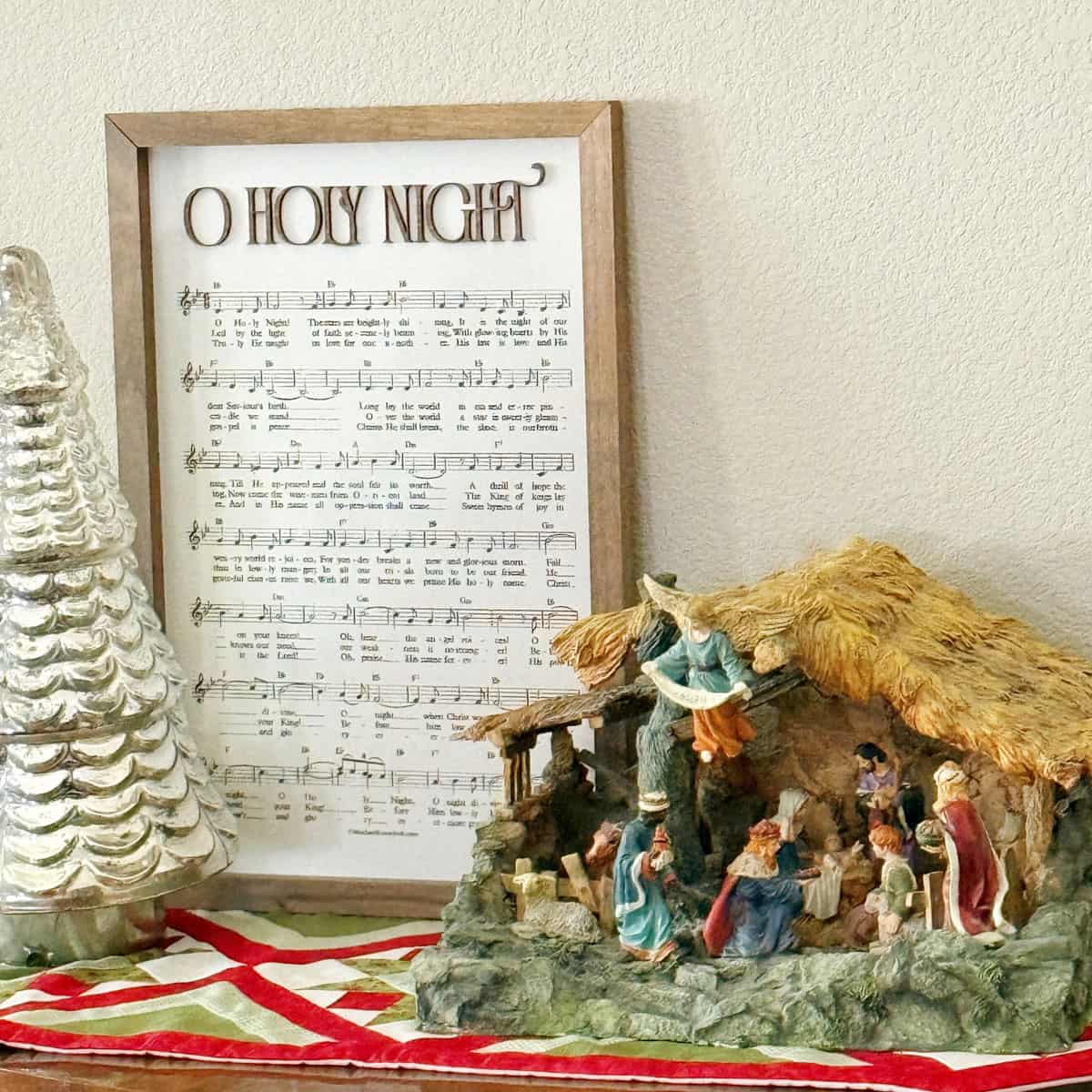 A Quilting Life O Holy Night print and nativity with glass tree on table runner