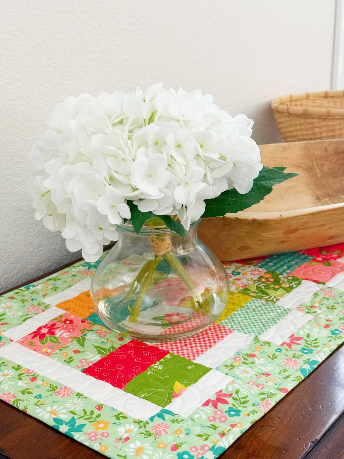 Hydrangeas on a Strawberry Lemonade runner from Sherri at A Quilting Life