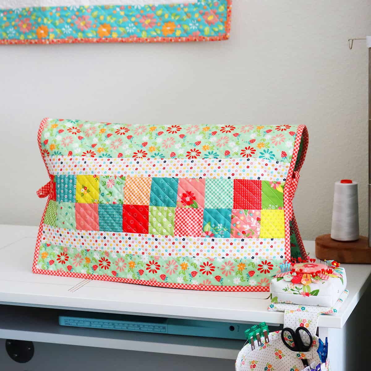 Patchwork Sewing Machine Cover in Strawberry Lemonade Fabric by Sherri McConnell of A Quilting Life