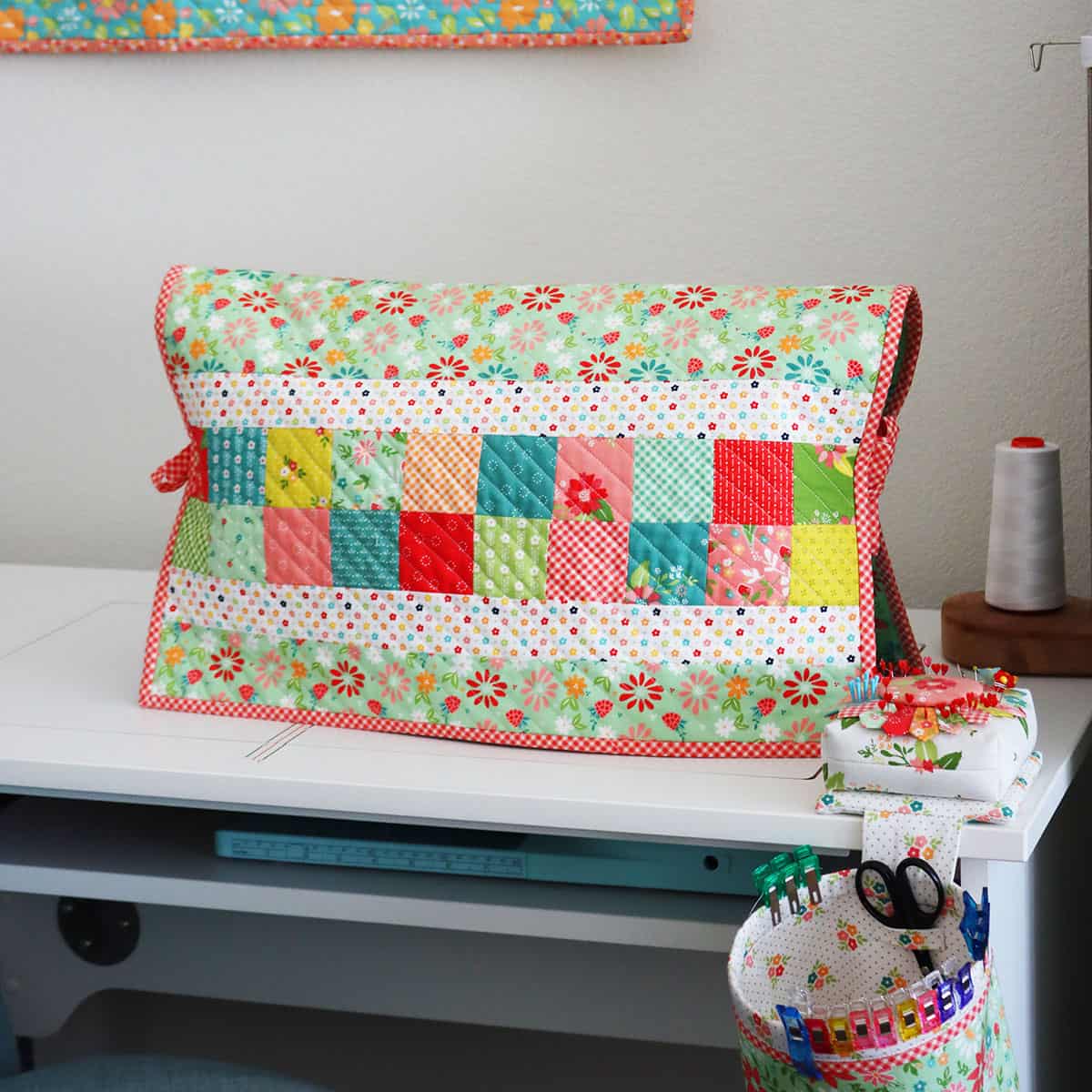 Patchwork Sewing Machine Cover in Strawberry Lemonade Fabric by Sherri McConnell of A Quilting Life