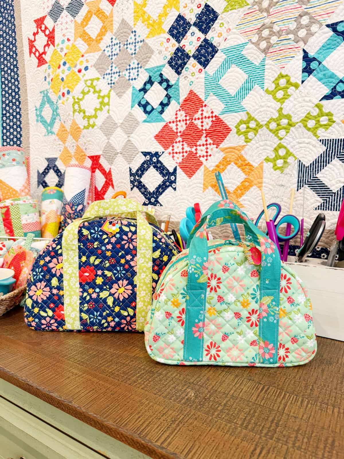Sunshine Sisters bags in fabrics by Sherri & Chelsi for Moda Fabrics