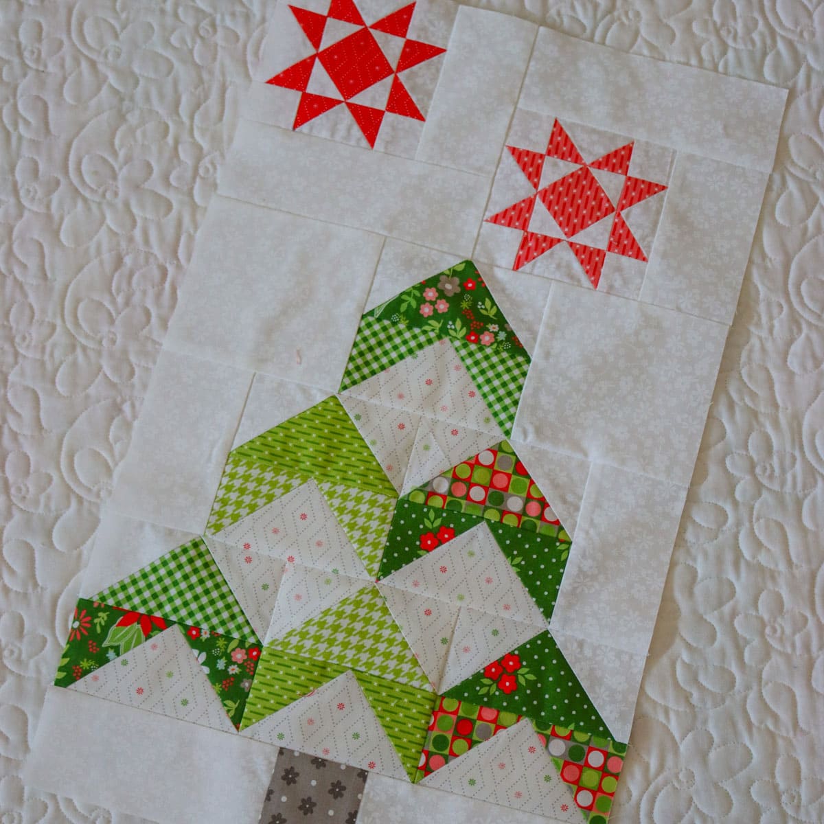 Jolly Tree Farm Block 3: Feelin' Pine and Dandy by Sherri of A Quilting Life in Poinsettia & Pear Fabrics