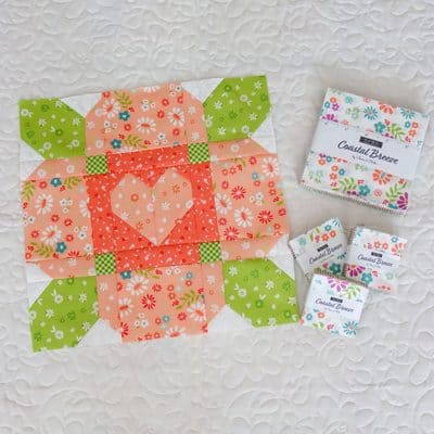 Moda Blockheads 7 Block 4: Kindred Rose pieced by Sherri McConnell with Coastal Breeze fabrics.